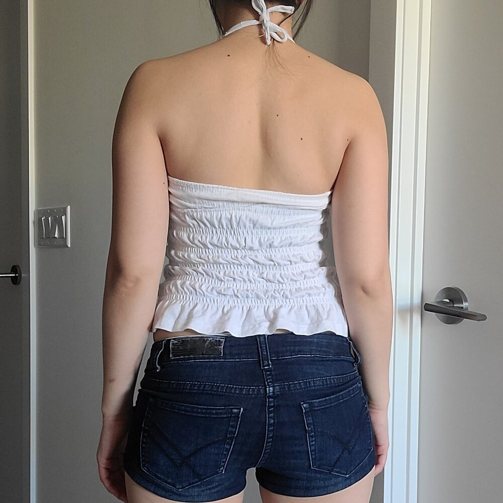 Handmade Lace Smocked White & Red Bow Bodycon Halter Top - Picture 2 of 5